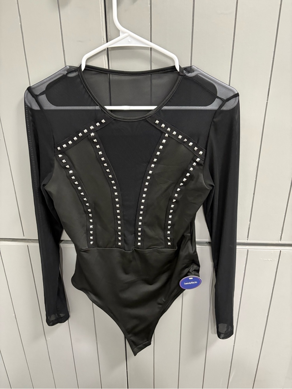Black Studded Mesh Long-Sleeve Kids One-Piece Bodysuit